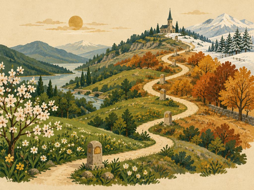 A winding path through changing seasons toward a country church